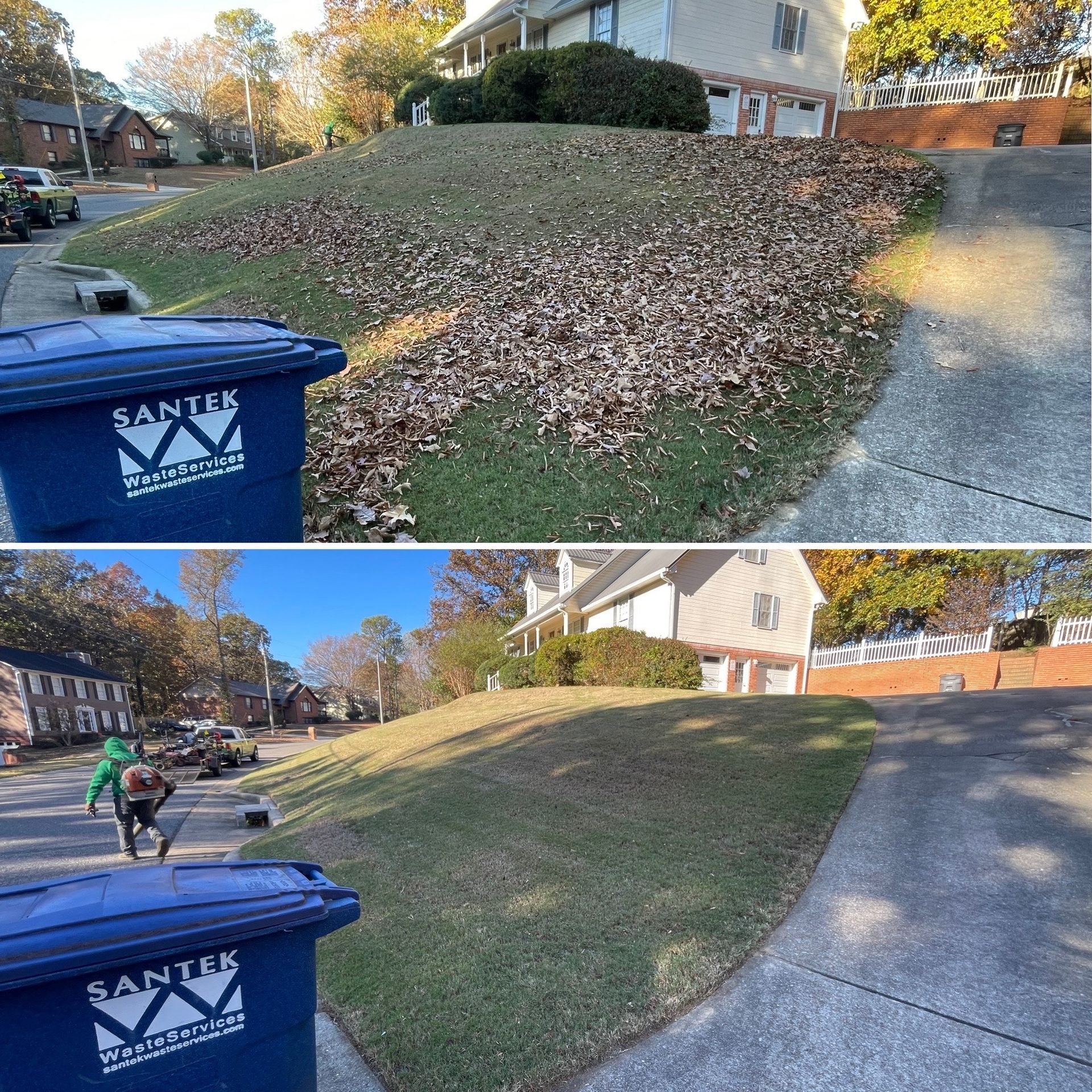 before and after photo of leaf removal services in Alabaster Alabama