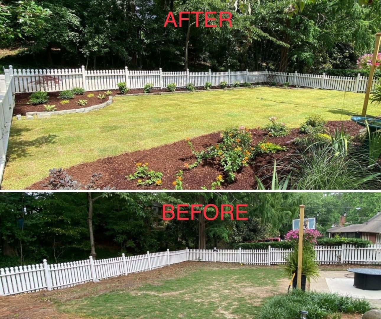 A before and after picture of a lawn with a white picket fence