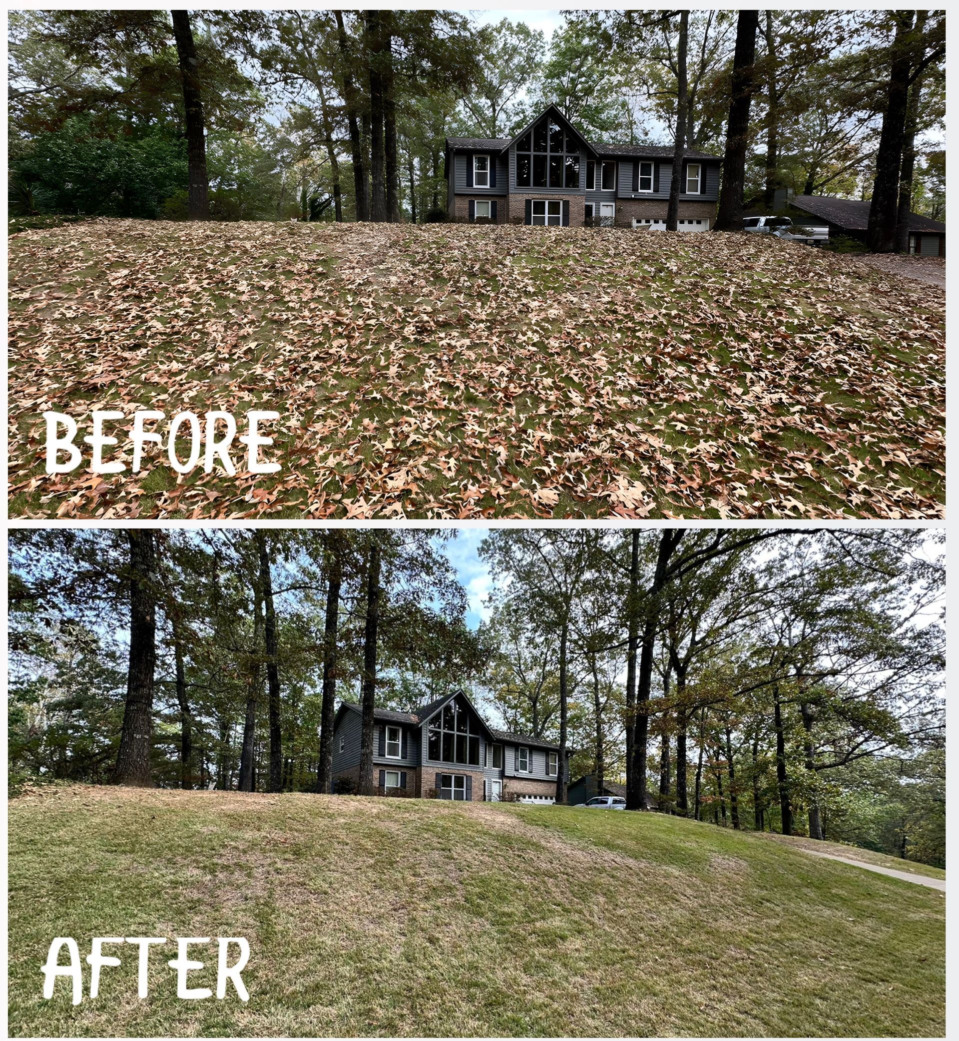 A before and after picture of a lawn with a house in the background.
