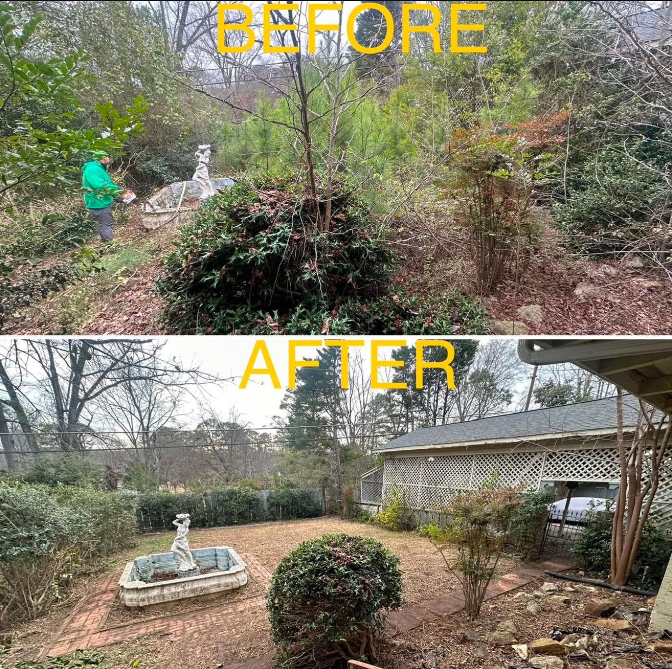 A before and after picture of a backyard.