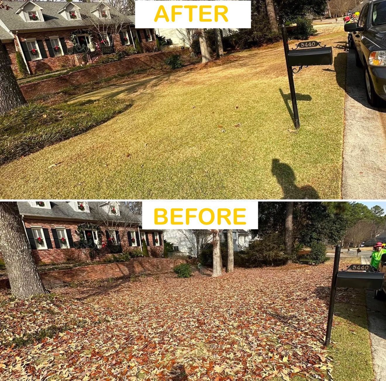 A before and after picture of a lawn covered in leaves.