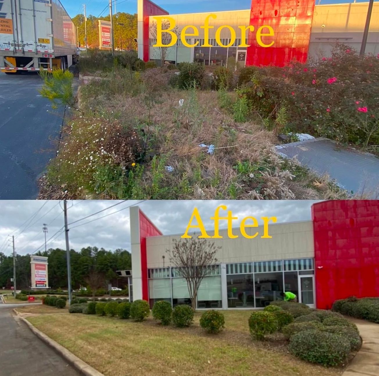 A before and after photo of a store front