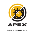 A logo for apex pest control with a bug in a circle.