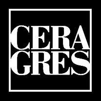 Le logo cera gres est blanc sur fond noir.