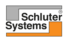 Un logo pour les systèmes Schluter est affiché sur un fond blanc.