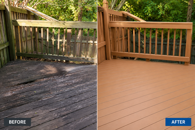 Before-and-after view of a wooden deck refinishing, with dark weathered boards and a tan restored finish.