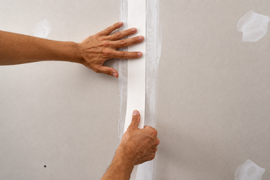 Hands apply drywall joint tape to a white interior wall.