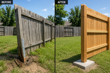 Before-and-after of a weathered wooden fence repaired and stained tan, with a new post on a concrete footing.