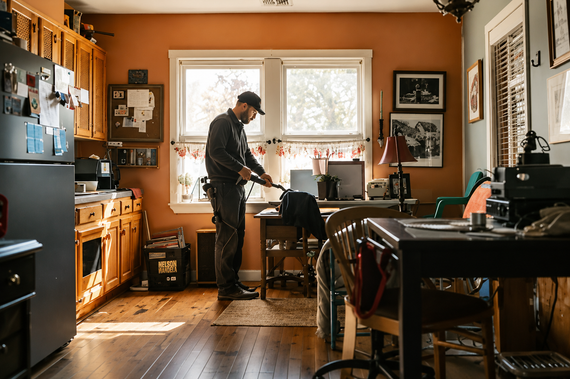 Person working at a kitchen sink in a warm, sunlit home kitchen with wooden floors.