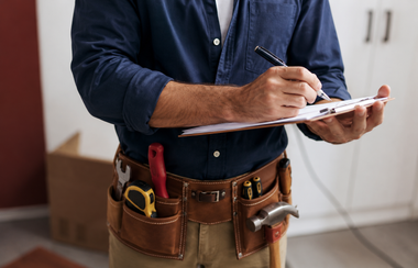 Person in a tool belt writing on a clipboard indoors