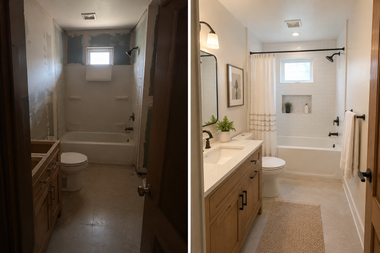 Bathroom before-and-after: plain narrow bath on left, renovated bright bathroom on right.