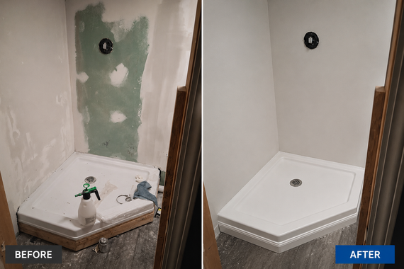 Bathroom sink wall before-and-after renovation, with green drywall replaced by smooth white finish.