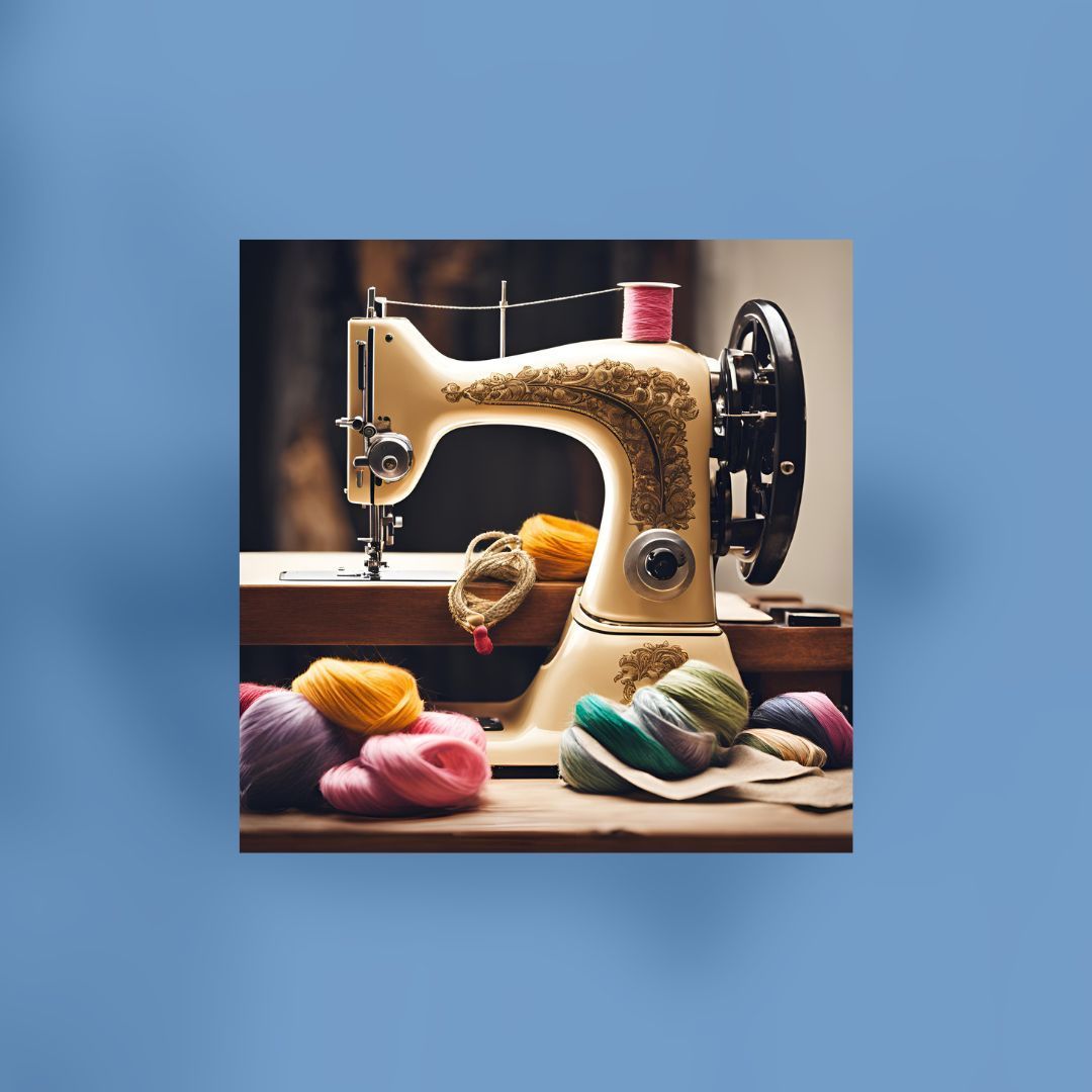 Una máquina de coser está sobre una mesa al lado del hilo.