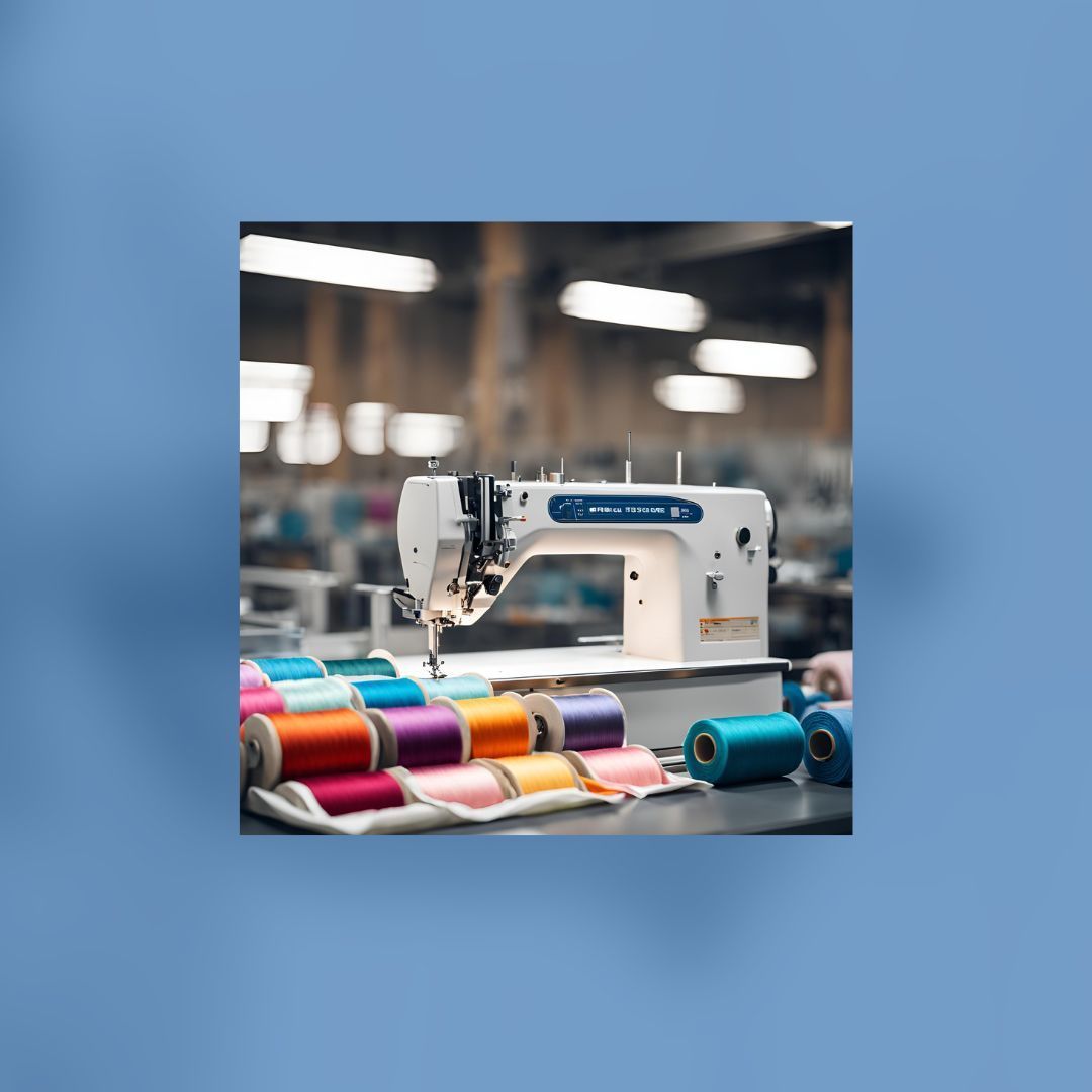 Una máquina de coser está sobre una mesa al lado de carretes de hilo.