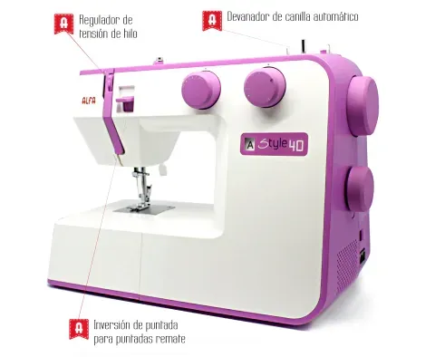 Una máquina de coser blanca y morada con la marca alfa style 40