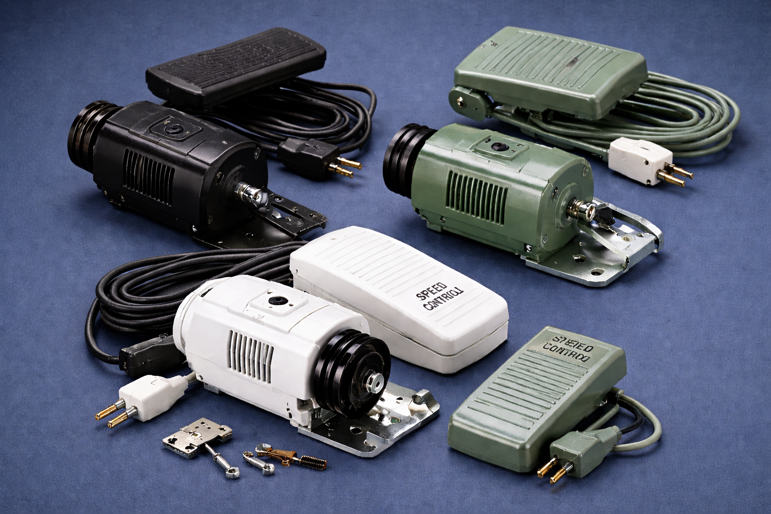 Tres motores de máquina de coser en color negro, verde oliva y blanco