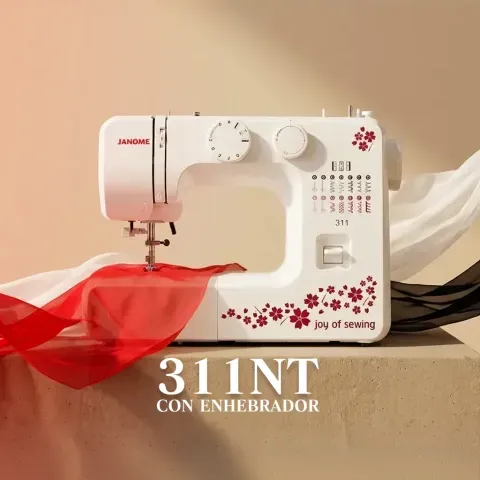 Una máquina de coser Janome 311 blanca con flores rosas.
