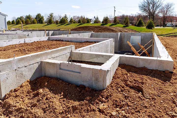concrete foundation with reinforcement and metal slab construction site