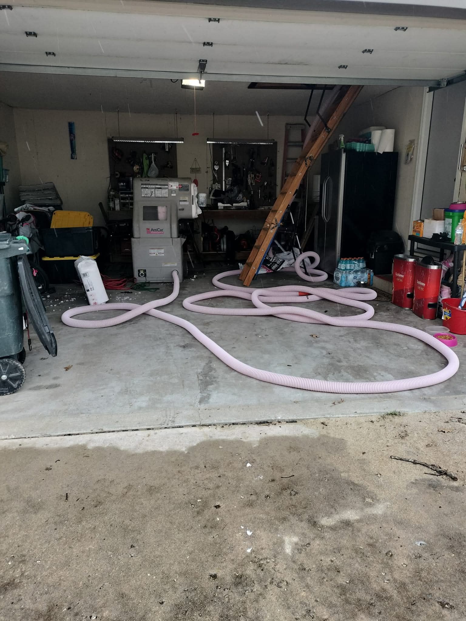 Garage interior; pink hose connected to a machine. Ladder propped against wall, items on shelves. Concrete floor.