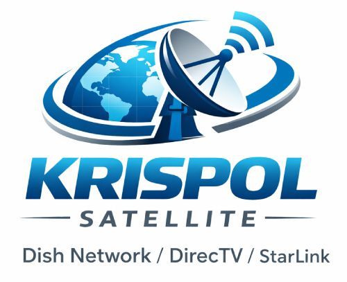 Logo for Krispol Satellite featuring a globe and satellite dish with text: Dish Network / DirecTV / StarLink.
