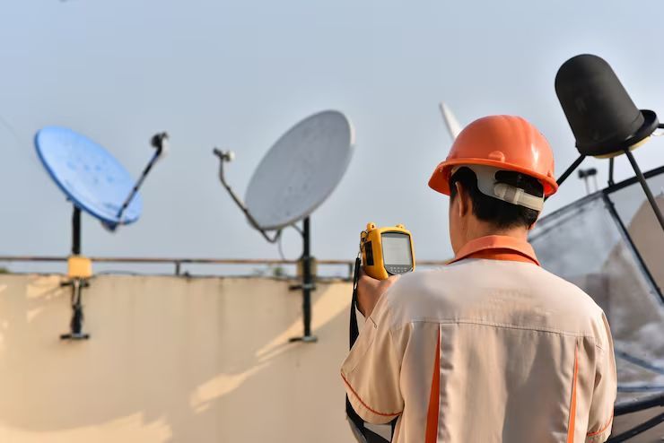 Man in orange hard hat adjusts satellite dish on a rooftop.