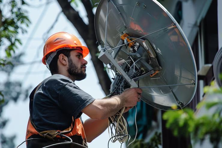 Man in hardhat installing satellite dish outdoors.