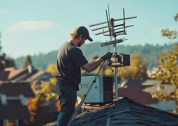 A person in black shirt and cap installing a TV antenna on a rooftop with suburban homes in the background.