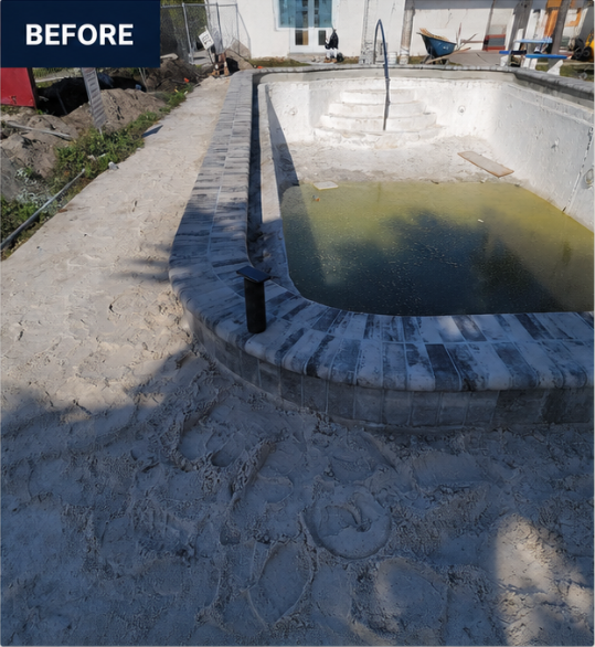 Empty concrete swimming pool with murky water and a sandy deck, labeled “BEFORE” in the corner
