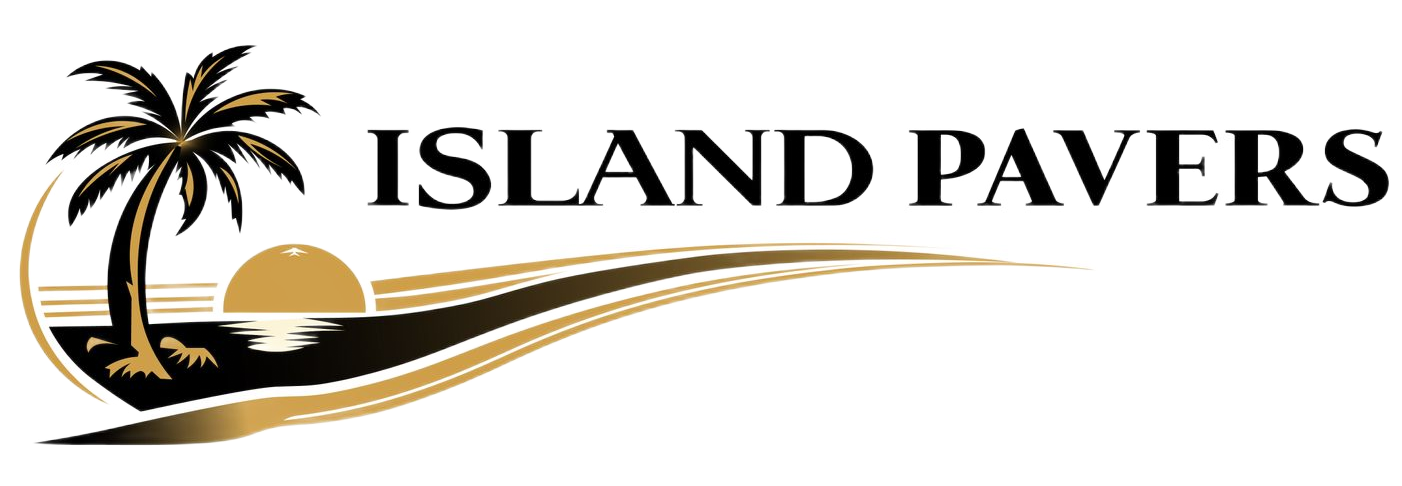 Island Pavers logo with palm tree and sun over gold-and-black swoosh design
