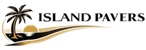 Island Pavers logo with palm tree and sun over gold-and-black swoosh design