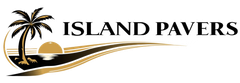 Island Pavers logo with palm tree and sun over gold-and-black swoosh design