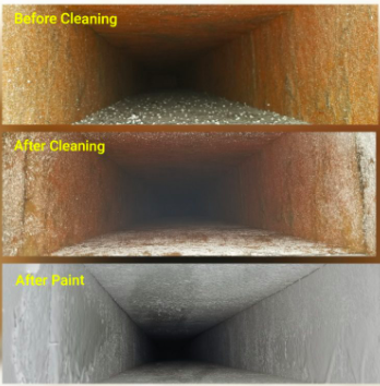 Before and after photos of cleaning and coating air ducts