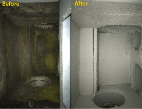 Before and After cleaning and coating of fiberglass ducts