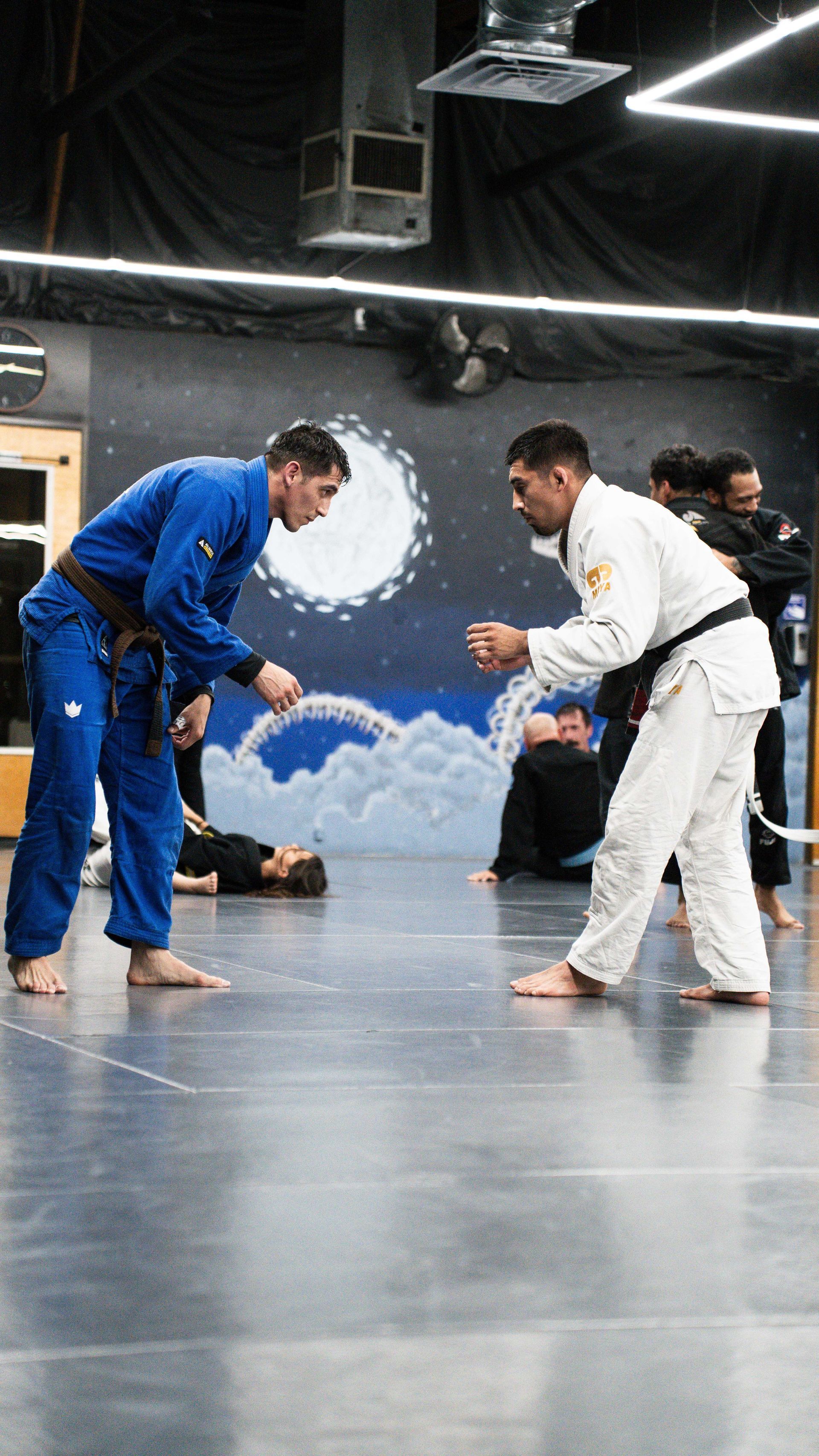 Students practice Brazilian Jiu Jitsu grappling at Cobrinha Southwest in Las Vegas, NV.