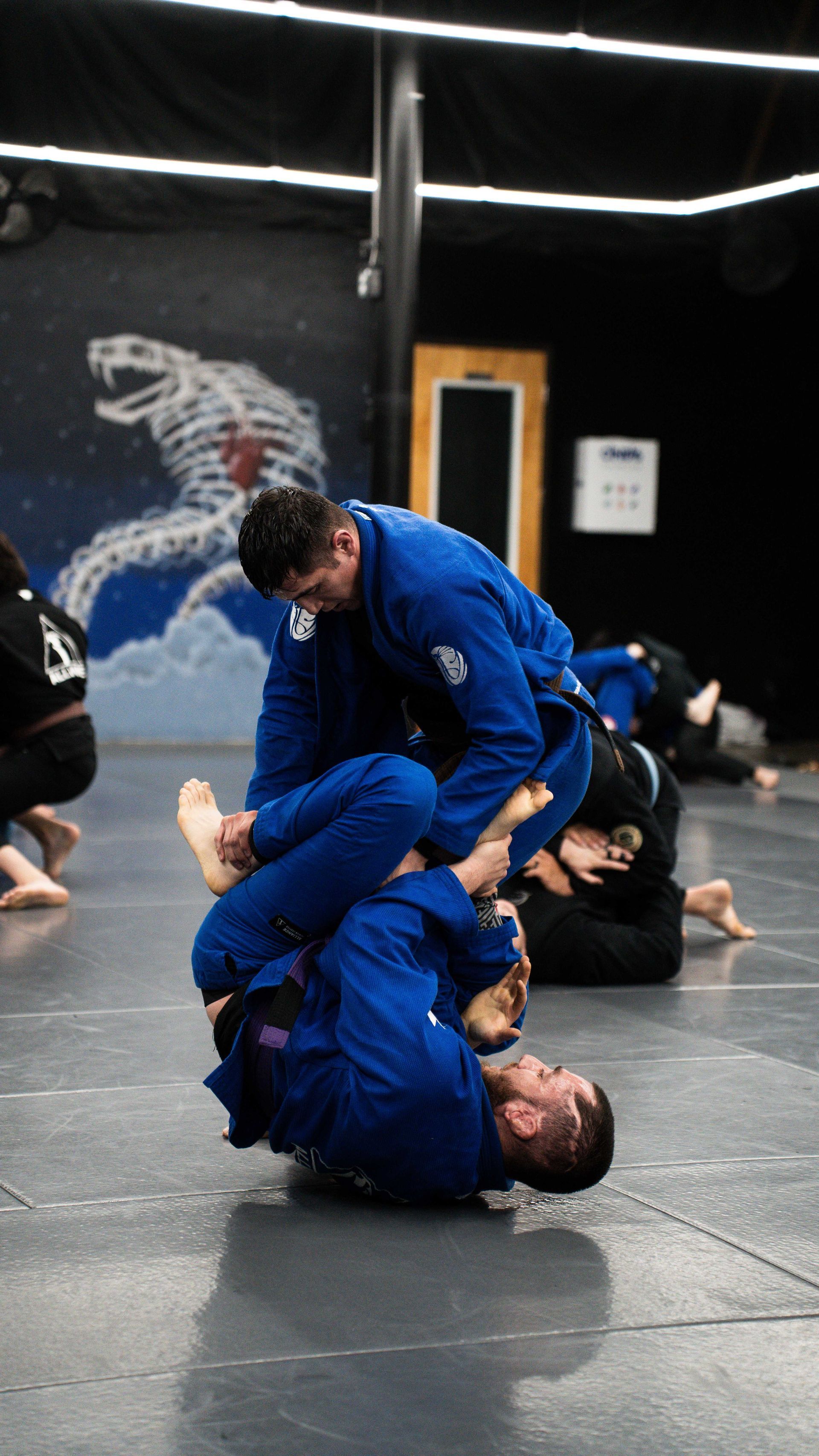 Adult students drilling Brazilian Jiu Jitsu techniques at Cobrinha Southwest in Las Vegas, NV.