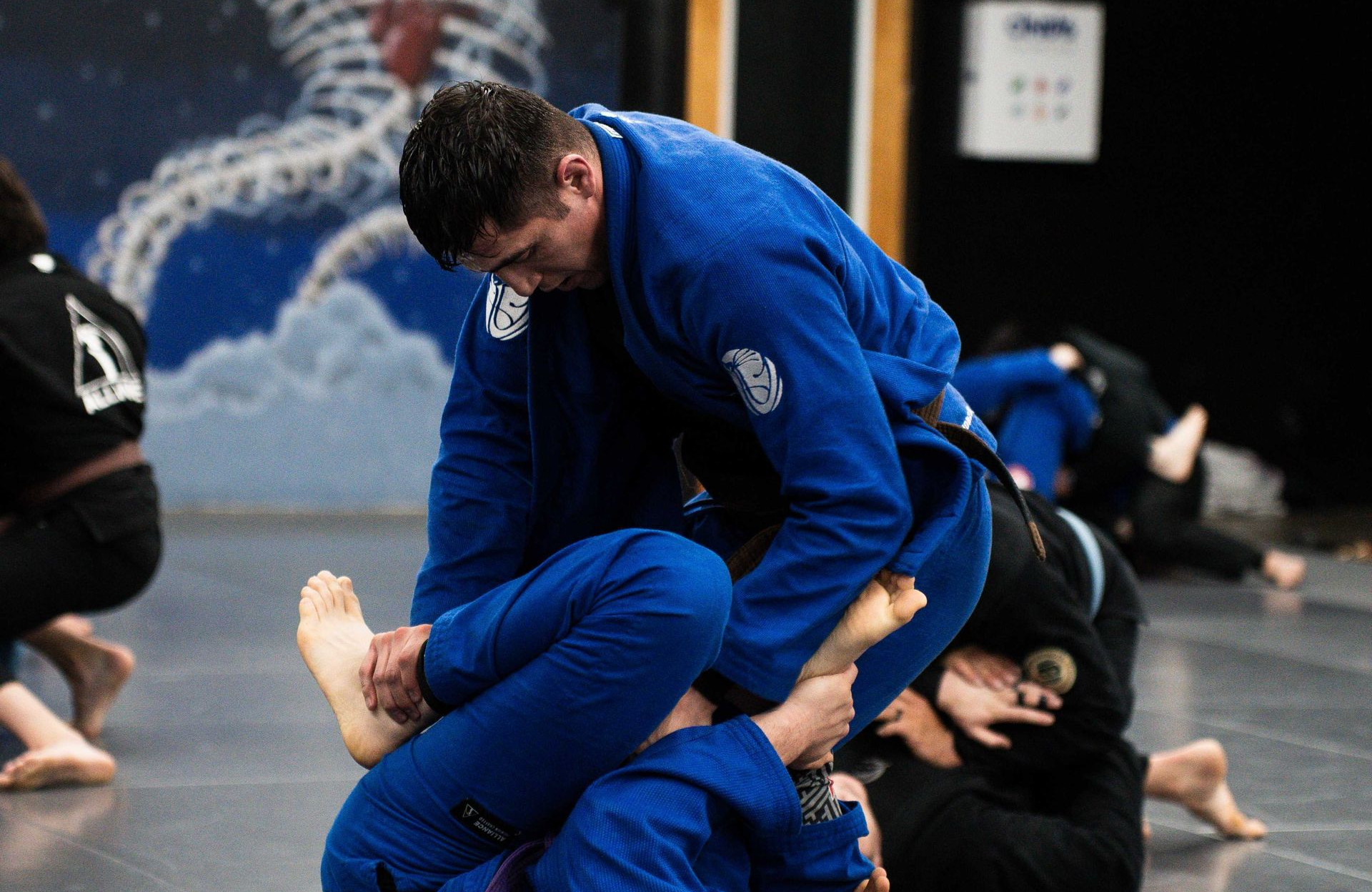 Adults practicing Brazilian Jiu Jitsu drills at Cobrinha Southwest in Las Vegas, NV for fitness and stress relief.