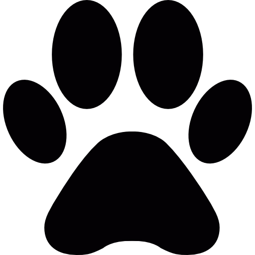 A black and white silhouette of a paw print on a white background.