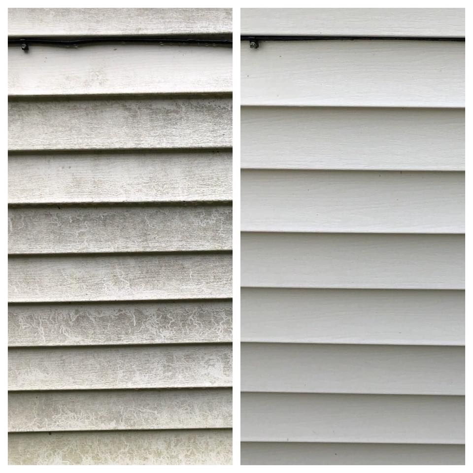 A before and after picture of a siding on a house.