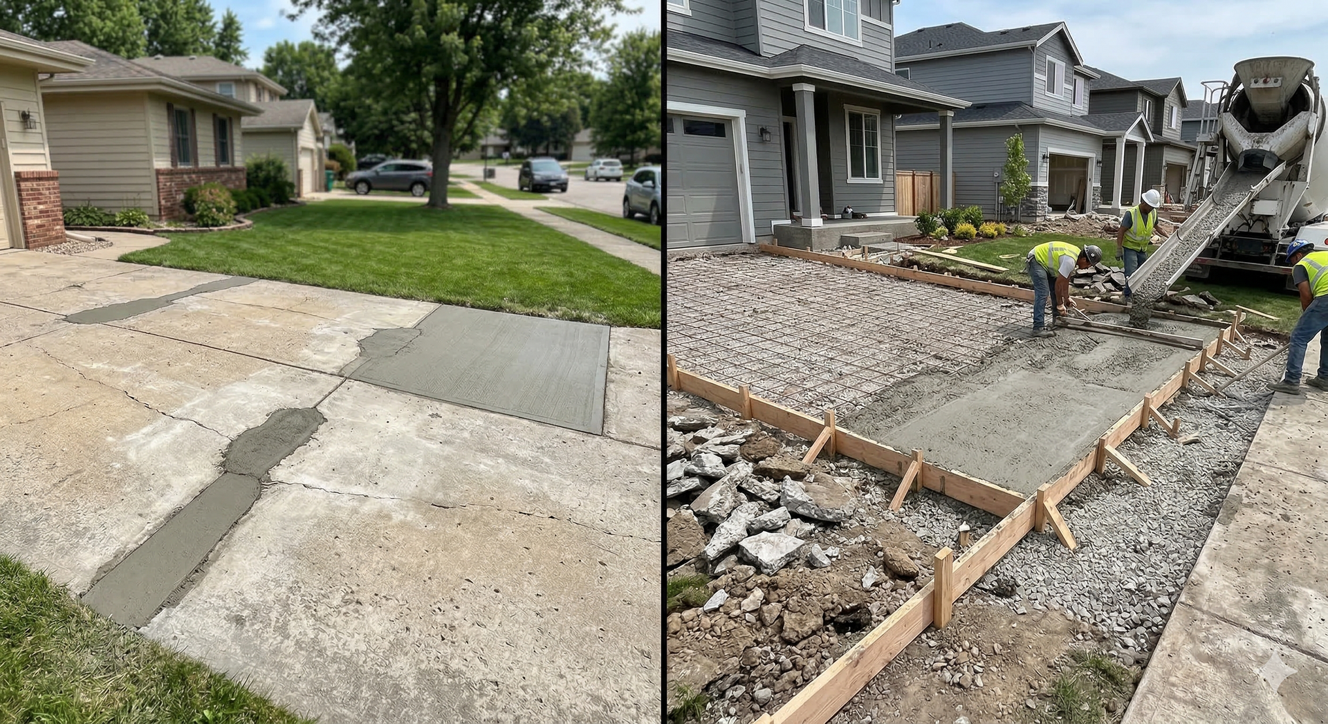 A side-by-side comparison of a residential driveway: one side shows small spot repairs, the other shows a full repaving.