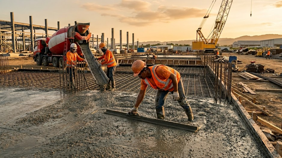 Workers in safety vests pour and smooth wet concrete at an outdoor construction site at sunset.