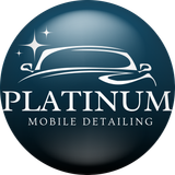 Blue circular logo: white car outline and "PLATINUM MOBILE DETAILING" text.