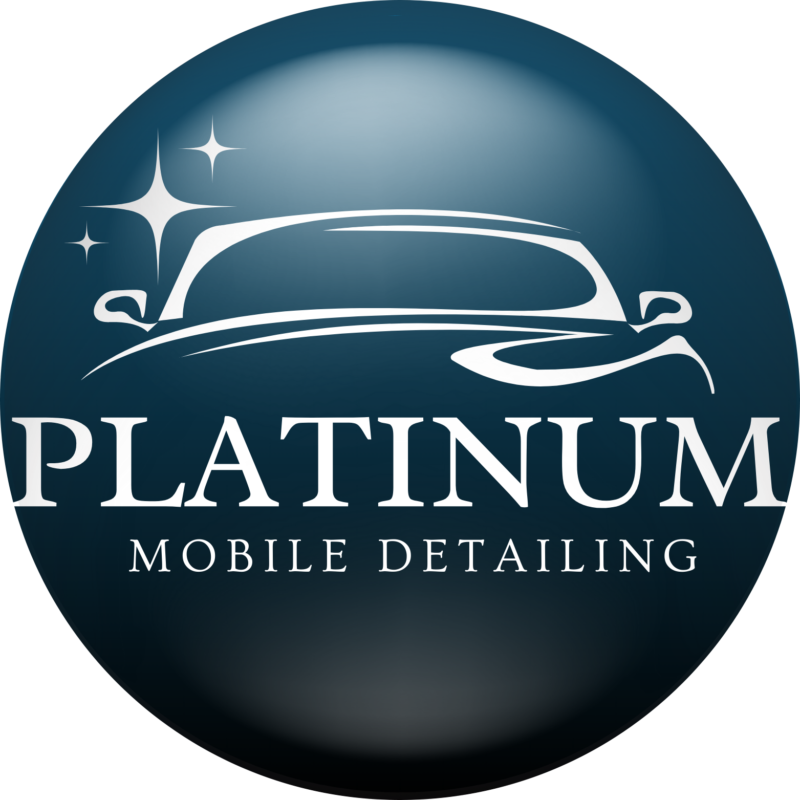 Blue circular logo: white car outline and "PLATINUM MOBILE DETAILING" text.