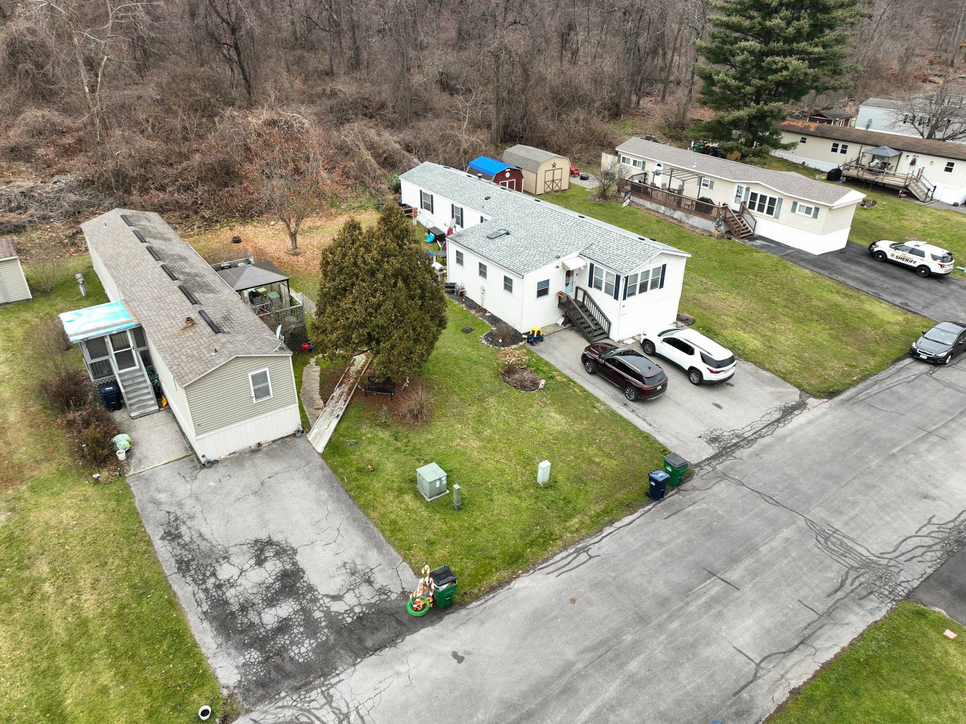An aerial view of a mobile home park.