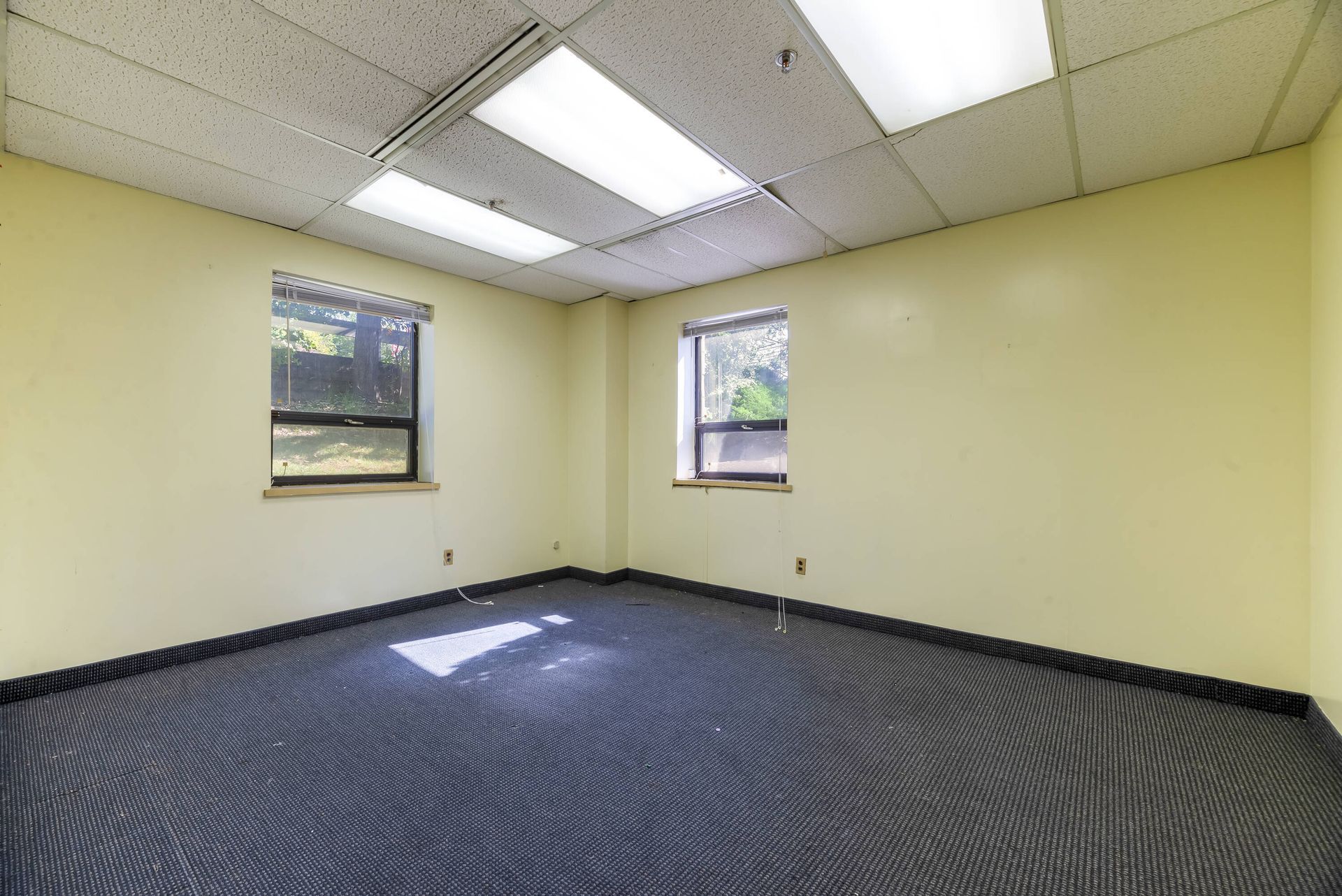 An empty room with two windows and a carpeted floor.