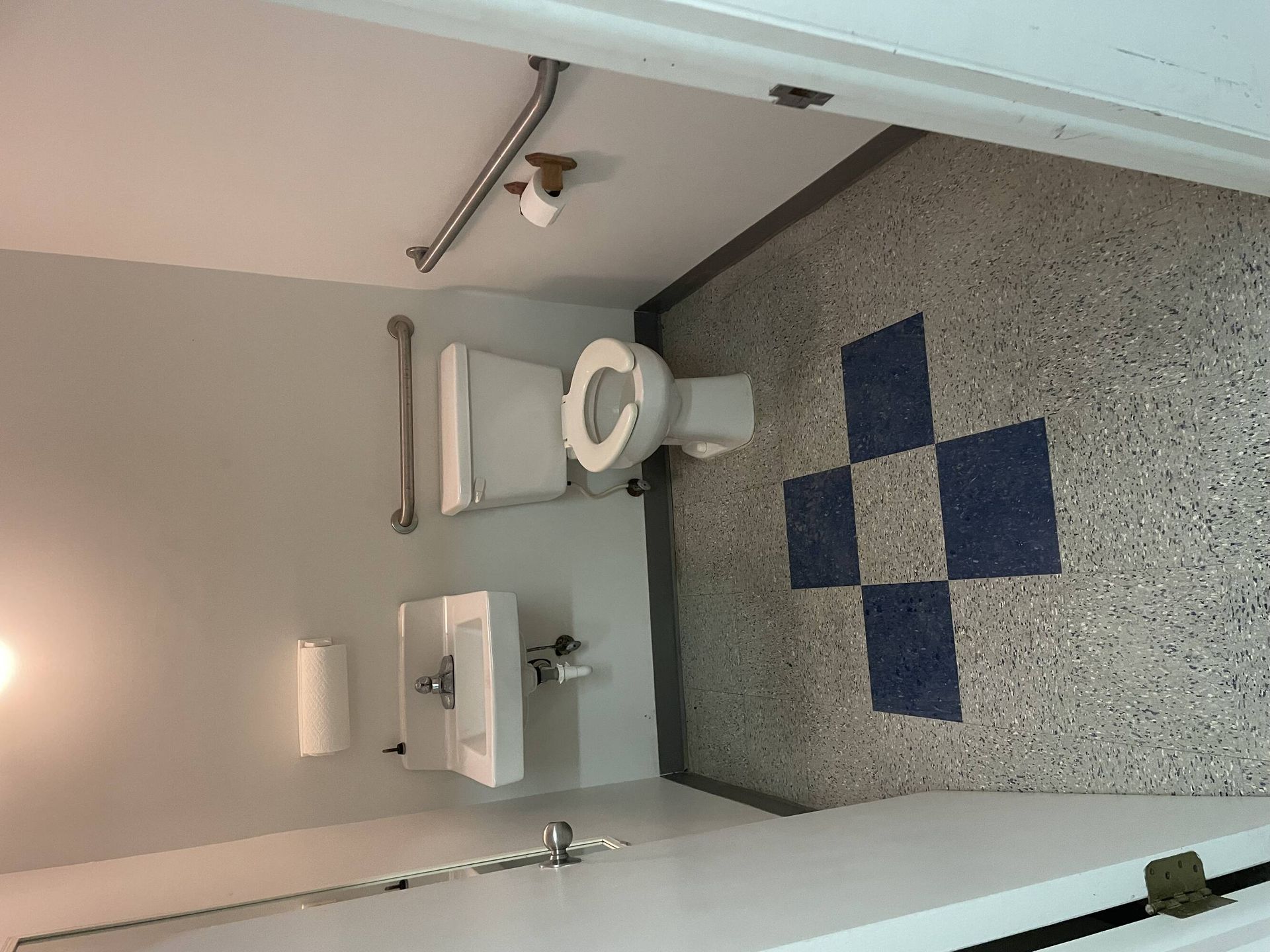 A bathroom with a toilet a sink and a checkered floor
