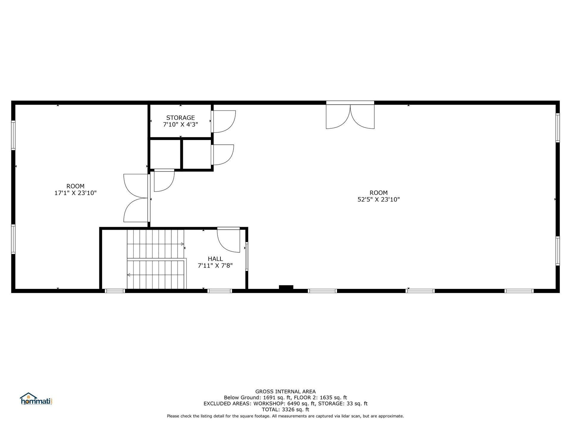 A black and white floor plan of a house with a staircase.