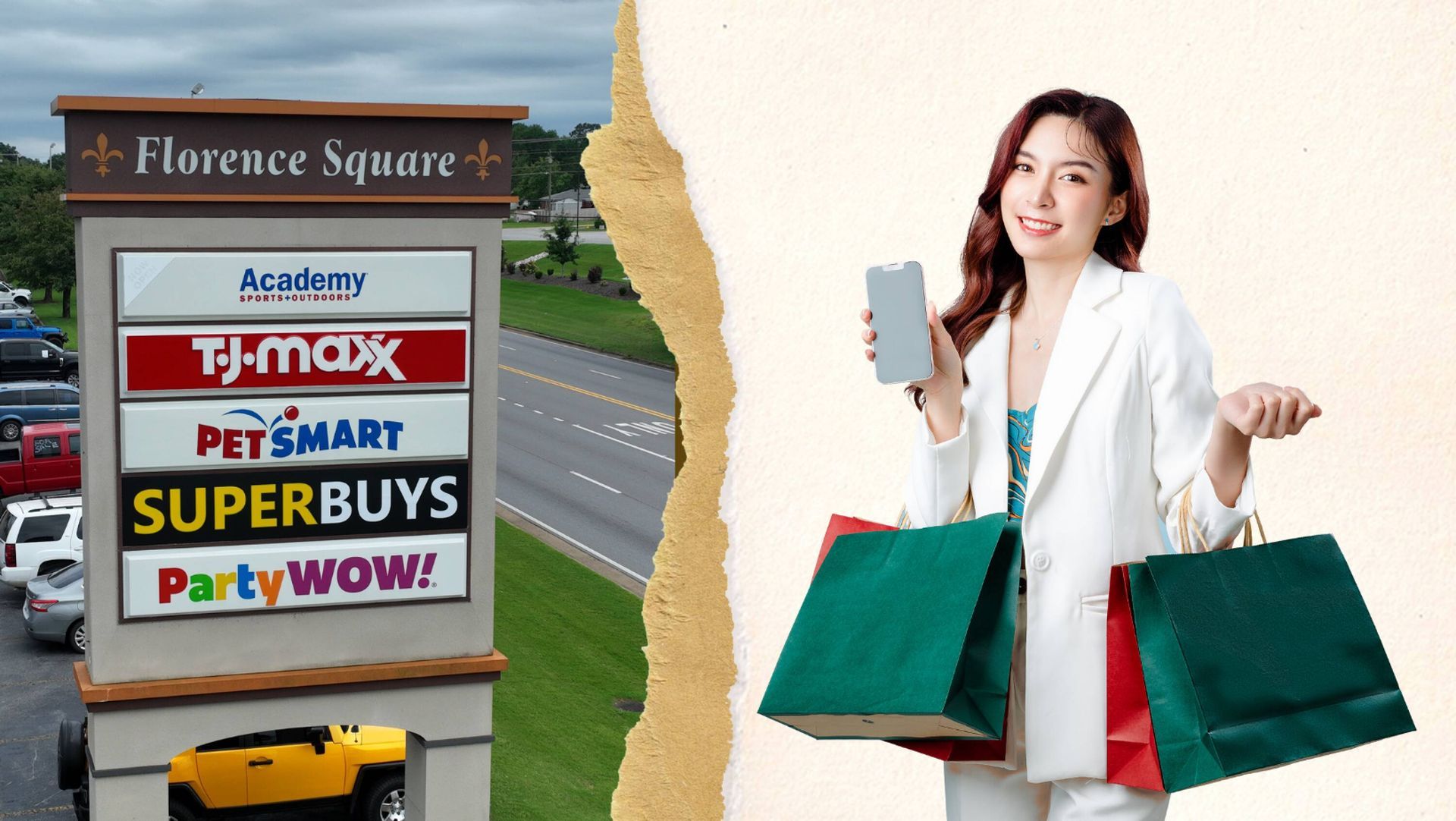 A woman holding shopping bags next to a sign that says florence square
