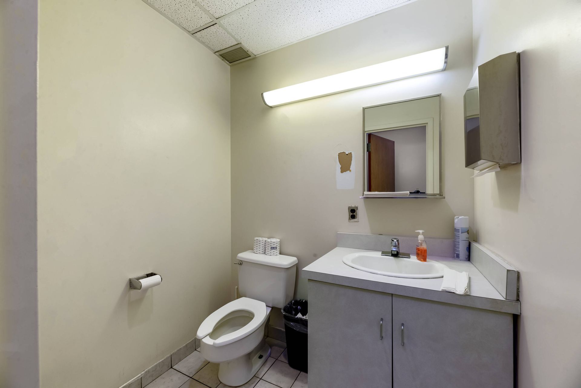 A bathroom with a toilet , sink and mirror.
