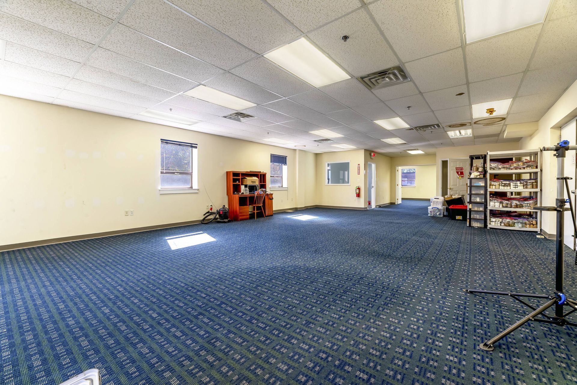 A large empty room with a blue carpet and white walls.