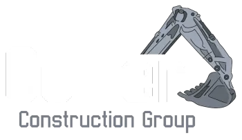 A construction group logo with an excavator bucket on a white background.
